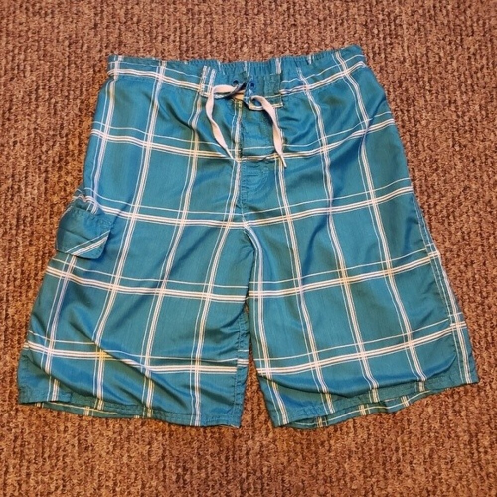 OP Board Shorts Swimming Trunks - Cyan & White Tartan - Size 32-34
